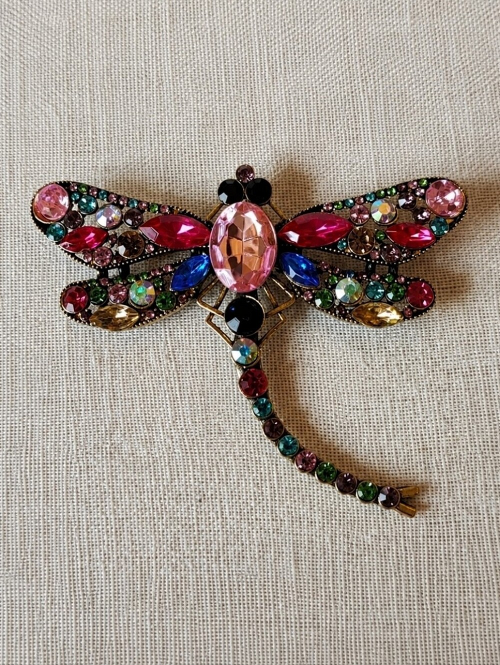 Rhinestone Oversized Huge Dragonfly Brooch Pendant Pink Aurora Borealis NWOT